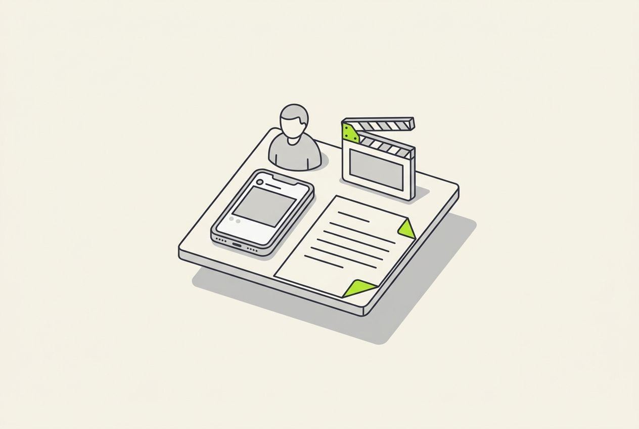 Drawn desk scene with a phone with a blank post frame and a sheet of blank lines.