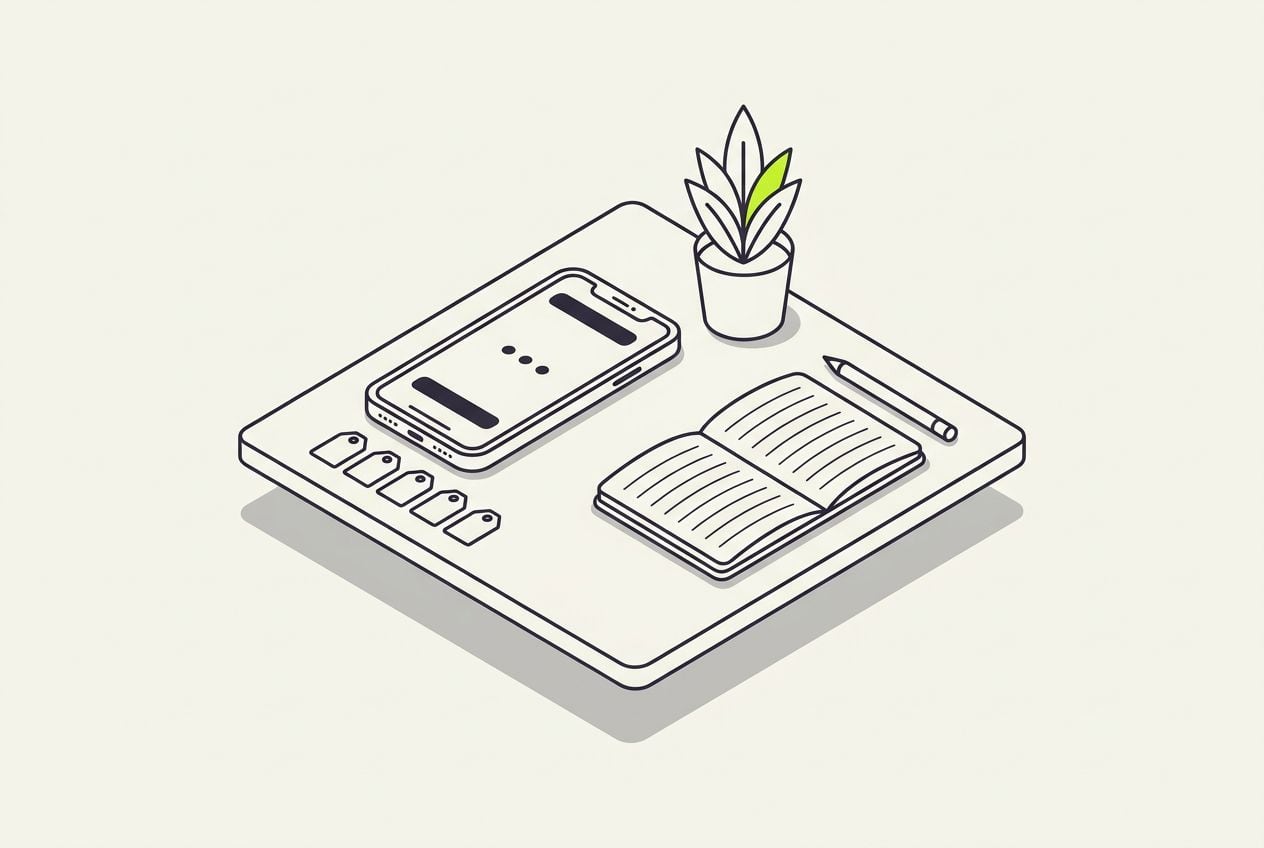Drawn desk scene with a phone with a row of small blank tag chips.