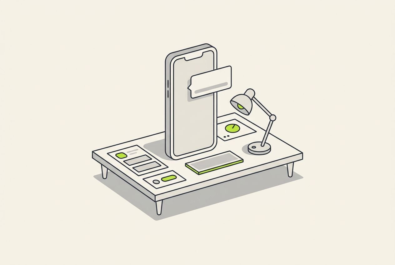 Drawn desk scene with a phone profile screen with one blank name tag.