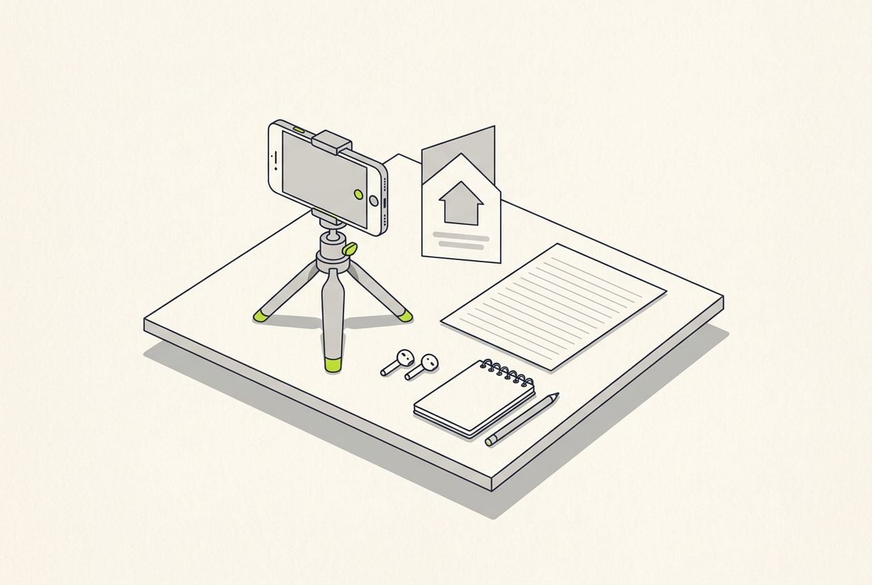 Drawn desk scene with a house-shaped card and a sheet of blank lines beside a phone on a tripod.