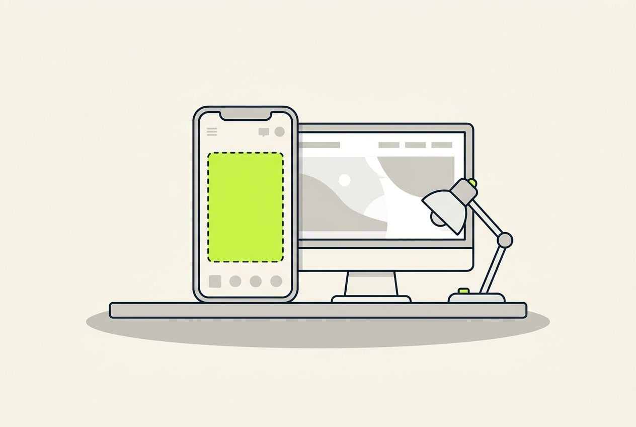 Drawn desk scene: a tall phone frame beside a wide screen frame, a dashed lime rectangle inside the tall one.