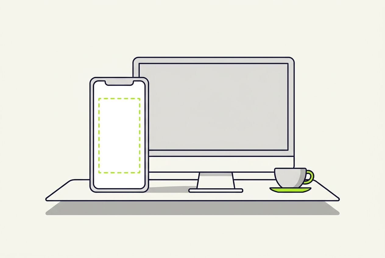 Drawn desk scene: a tall phone frame beside a wide screen frame, a dashed lime rectangle inside the tall one.