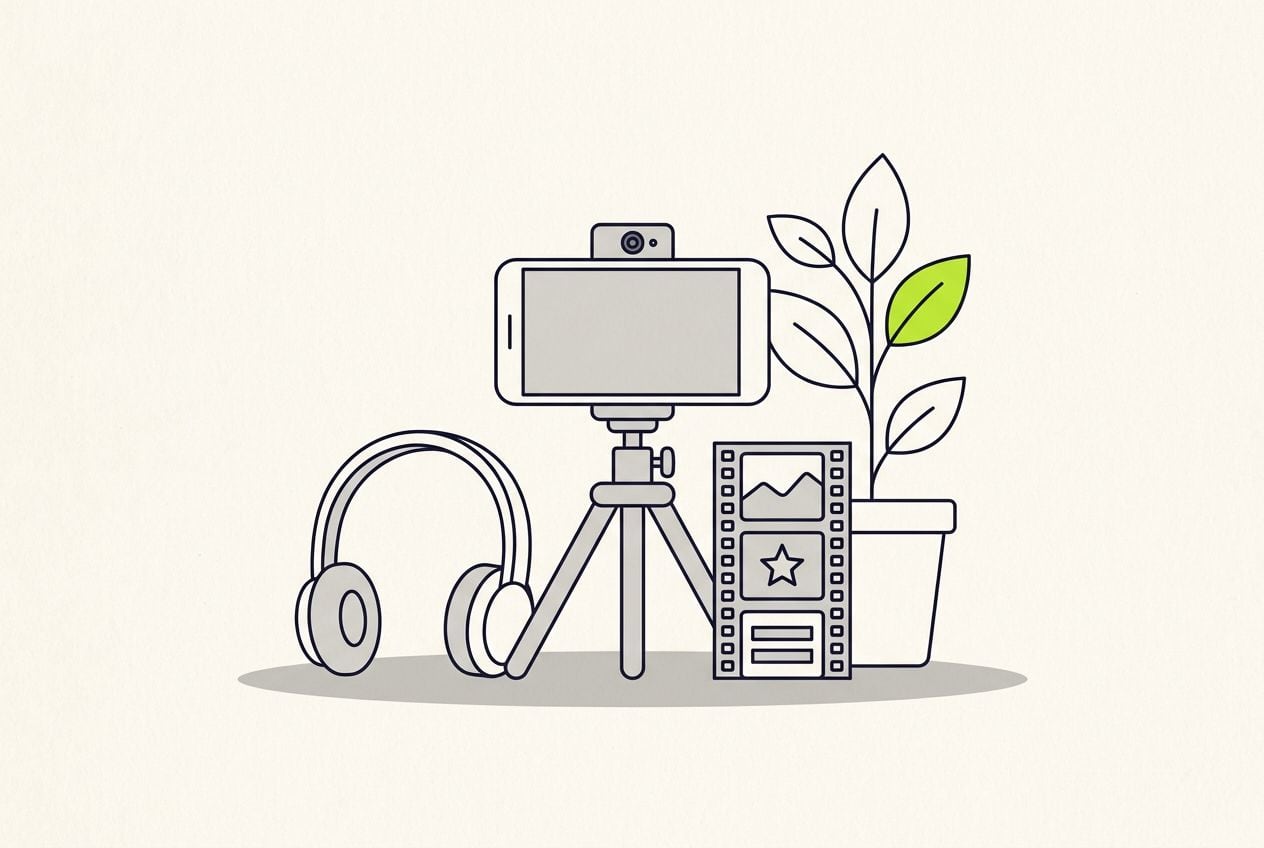 Drawn desk scene: a phone on a tripod filming and a short film strip.