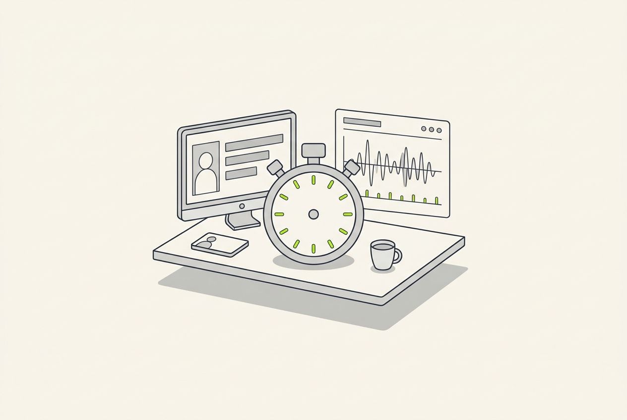Drawn desk scene with a stopwatch and a waveform with lime tick marks.