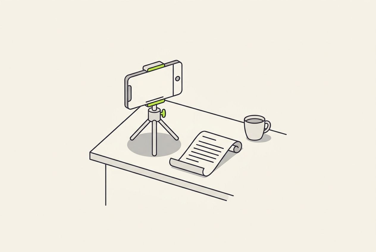 Drawn desk scene with a phone on a tripod with a rolling sheet of blank lines.