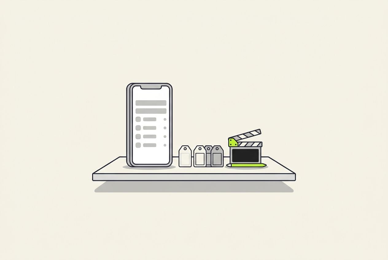 Drawn desk scene with a phone with a row of small blank tag chips.