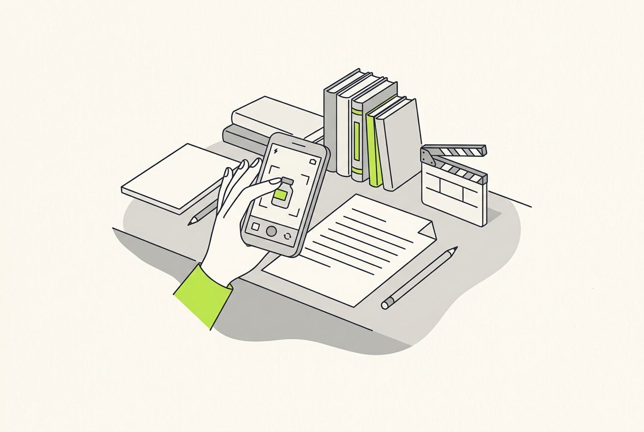 Drawn desk scene with a hand holding a small product up to a phone camera, a sheet of blank lines.