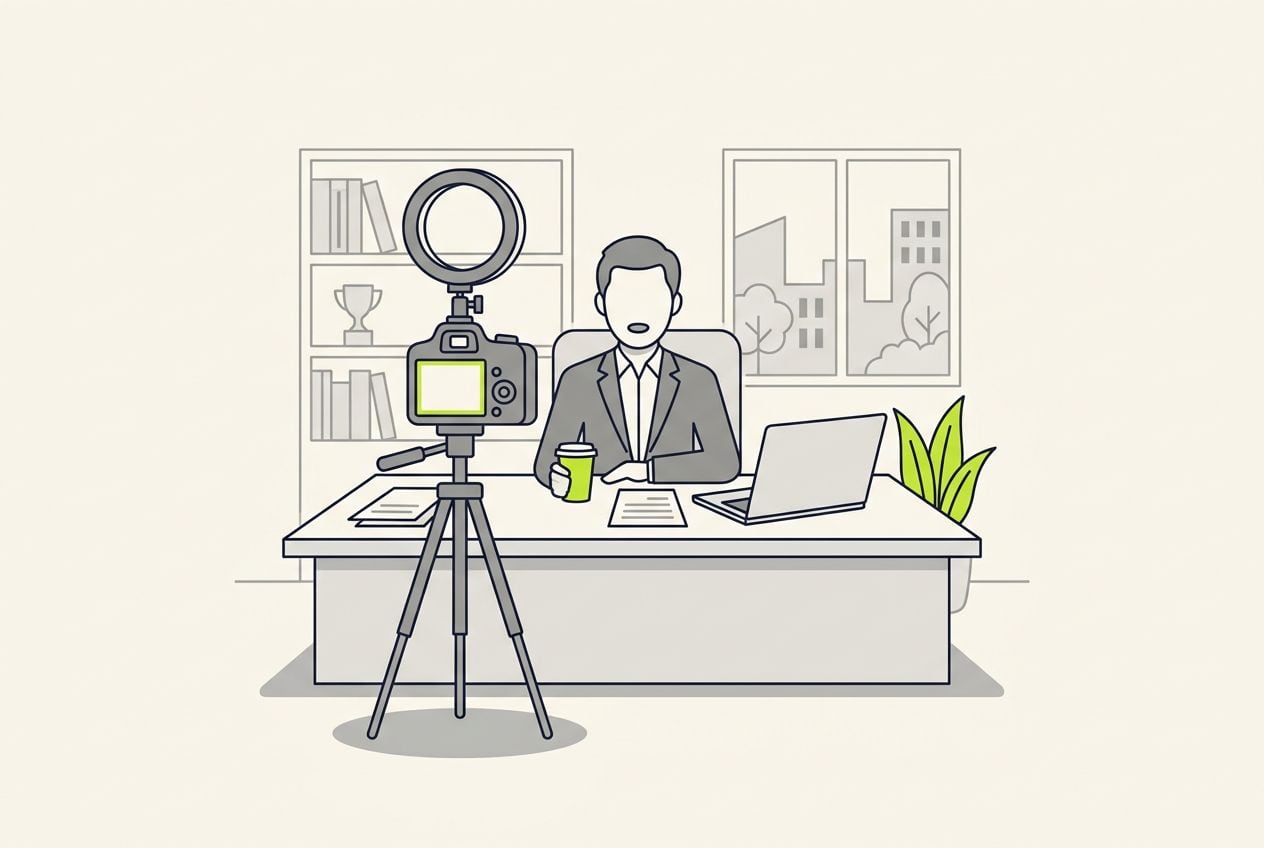 Drawn scene: executive recording video in office.