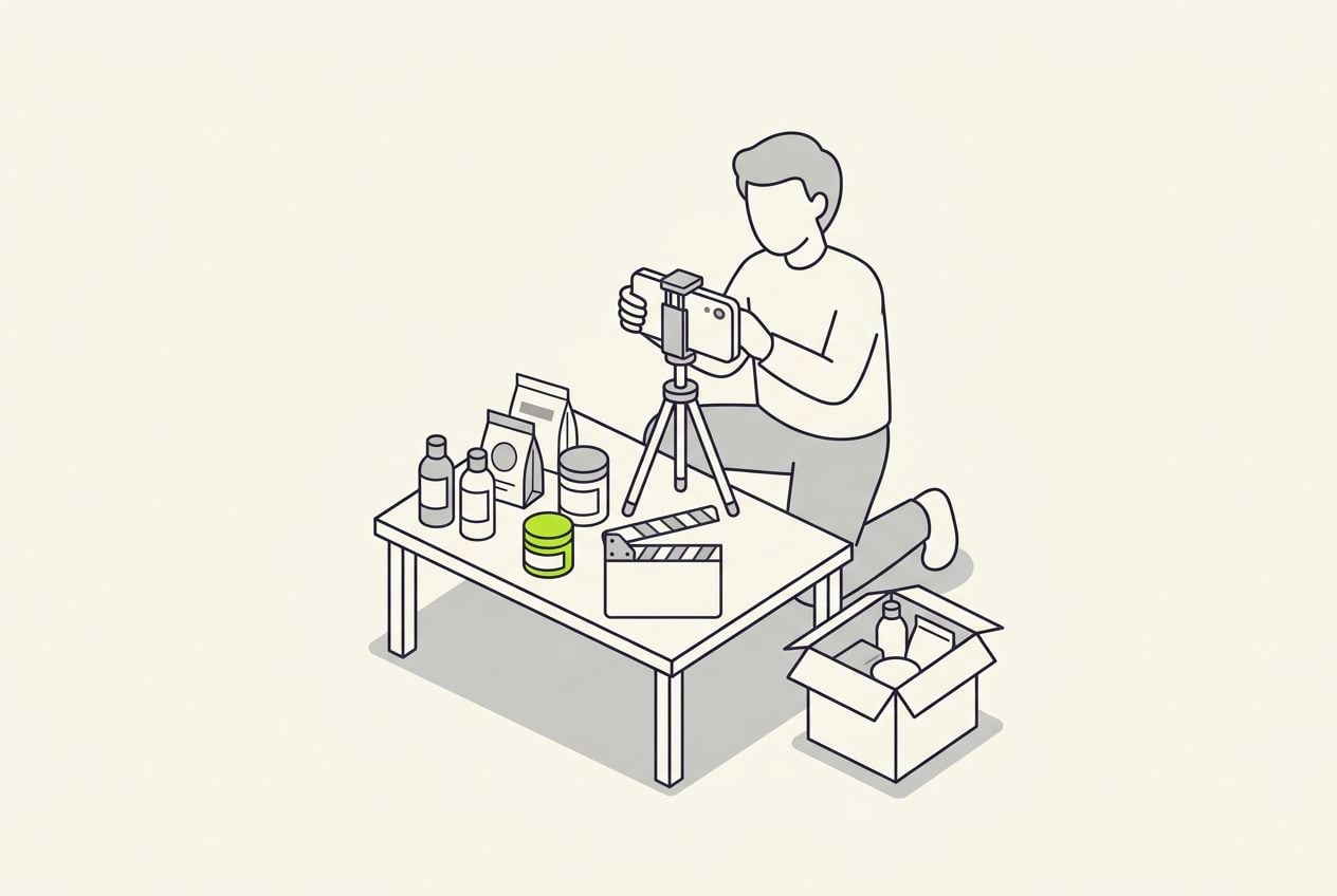 Drawn scene: seller filming product video smartphone.