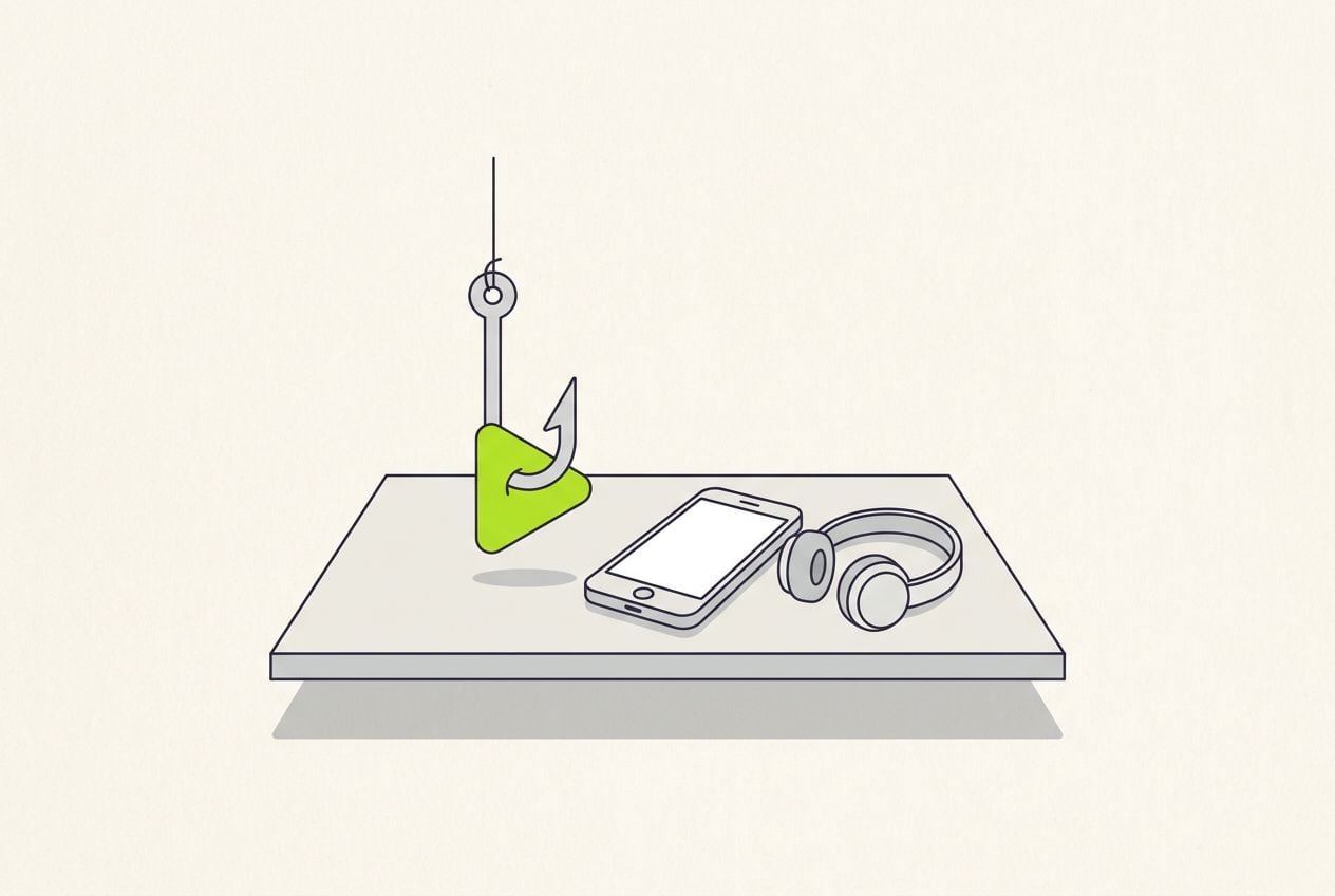 Drawn desk scene with a fishing hook catching a lime play button, beside a phone.