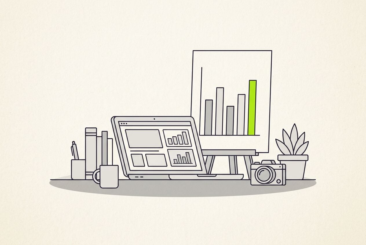 Drawn scene: a desk with a laptop and a blank poster board, with a bar chart of blank bars with one lime bar.